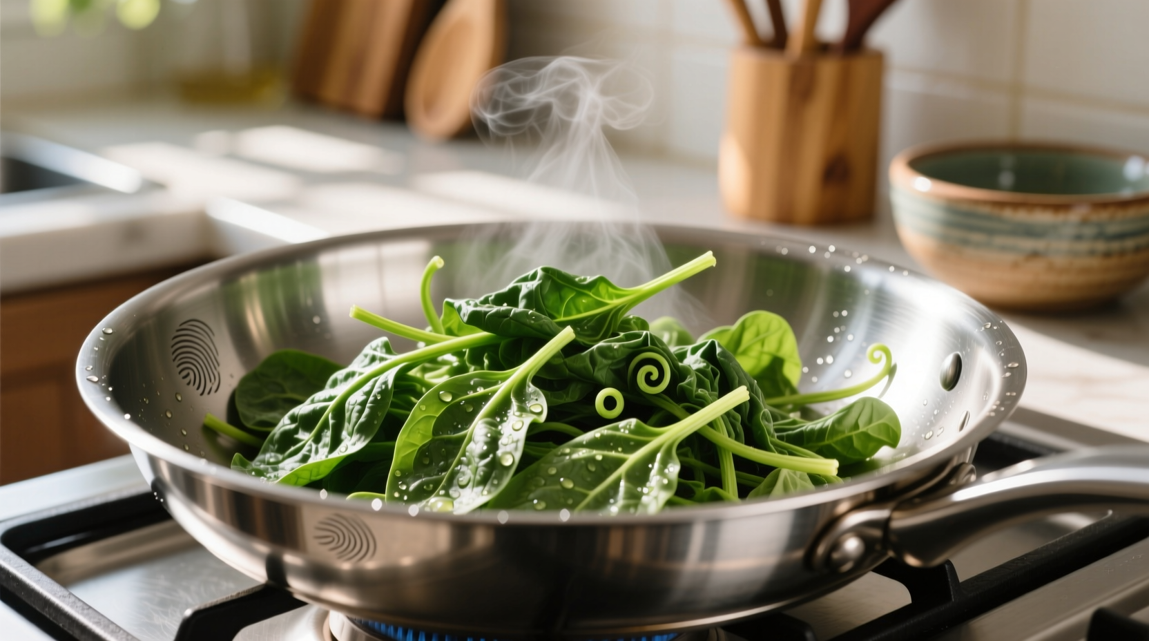 Fresh spinach wilting in stainless steel skillet