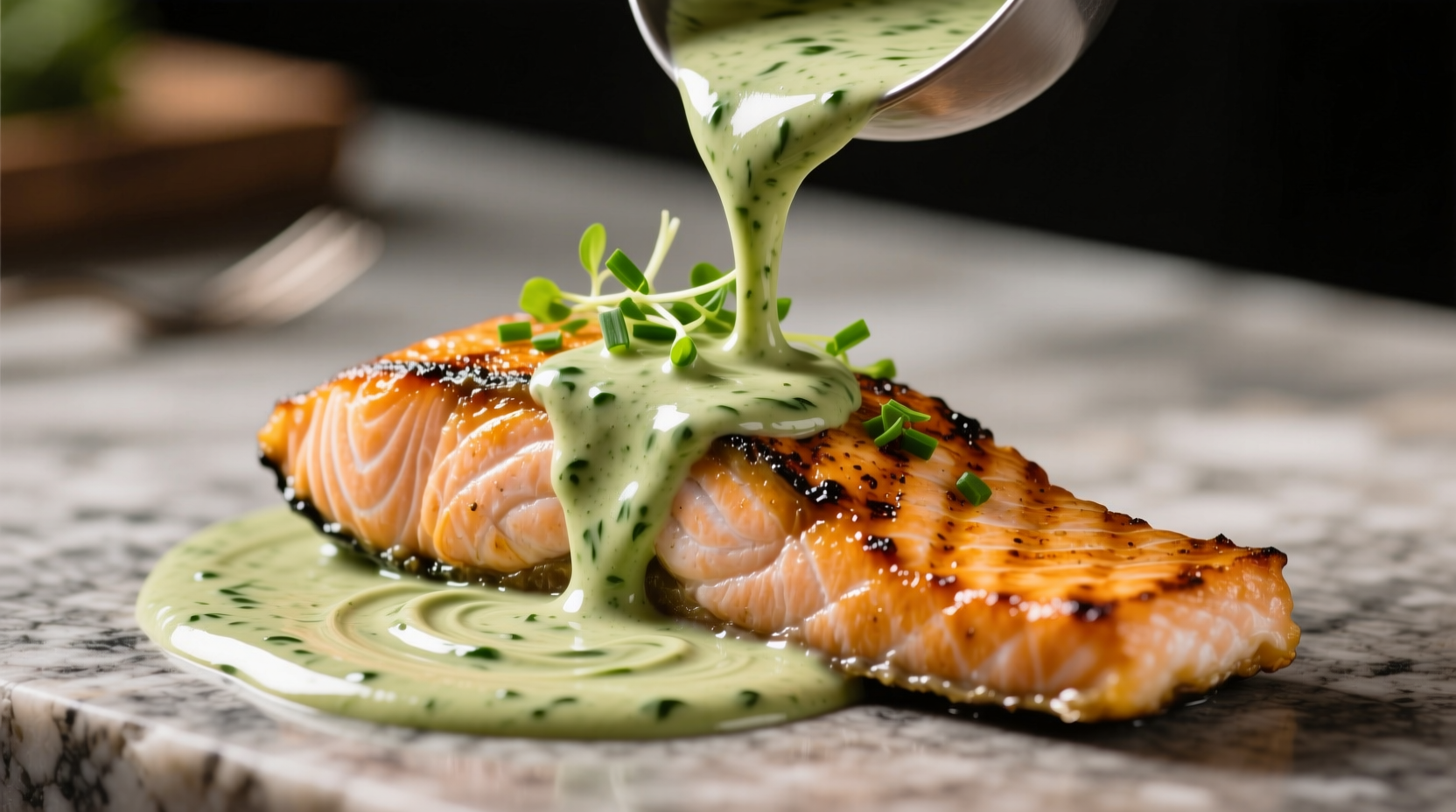 Creamy spinach sauce being poured over grilled salmon fillet