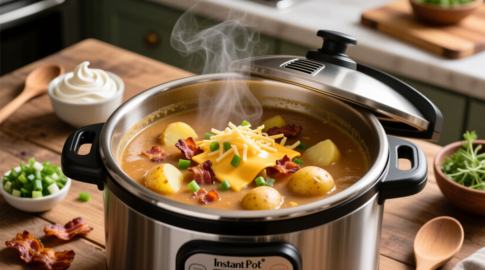 Creamy loaded potato soup in Instant Pot with toppings