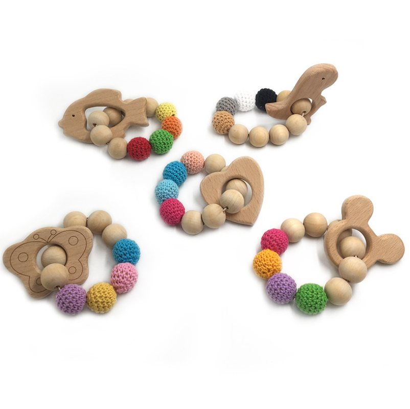 Wholesales DIY Baby Beech Wooden Teether Chewing Beads Nursing Bracelet Teething Rattle Toys