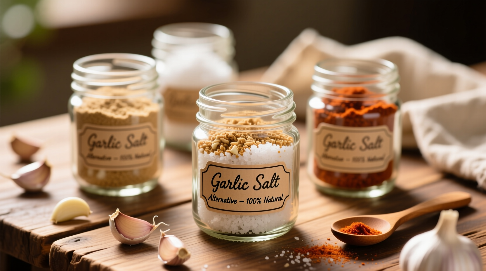 Homemade garlic salt substitute ingredients in glass jars