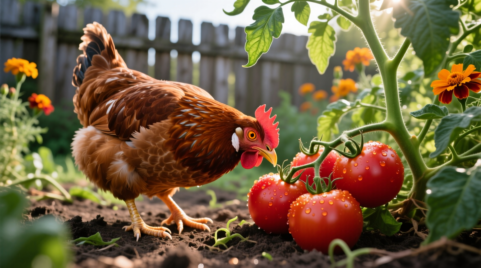 Chicken pecking at ripe red tomatoes in garden