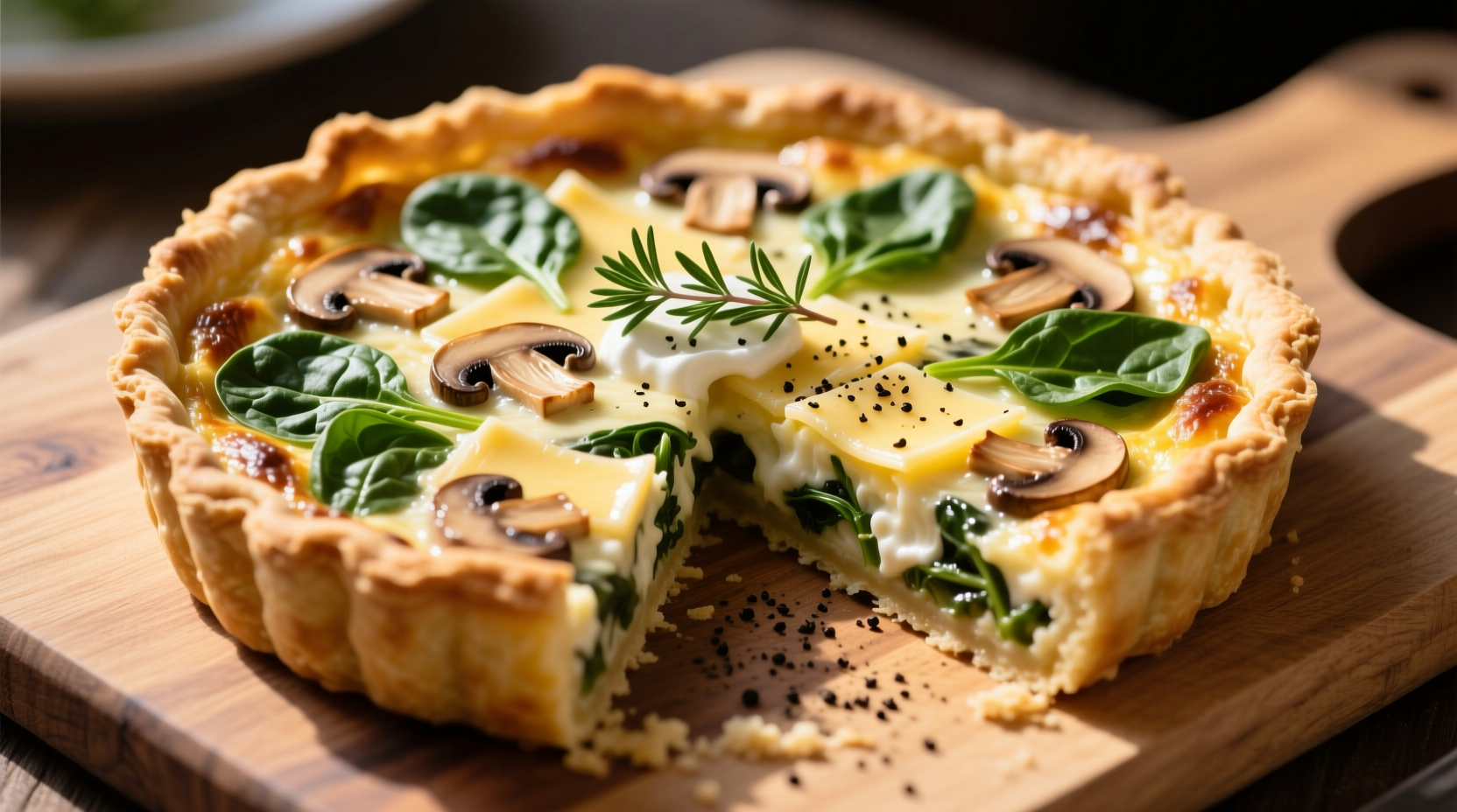 Golden spinach mushroom quiche with flaky crust