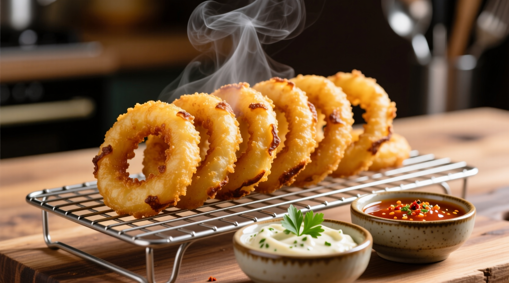 Golden fried onion rings on wire rack with dipping sauces