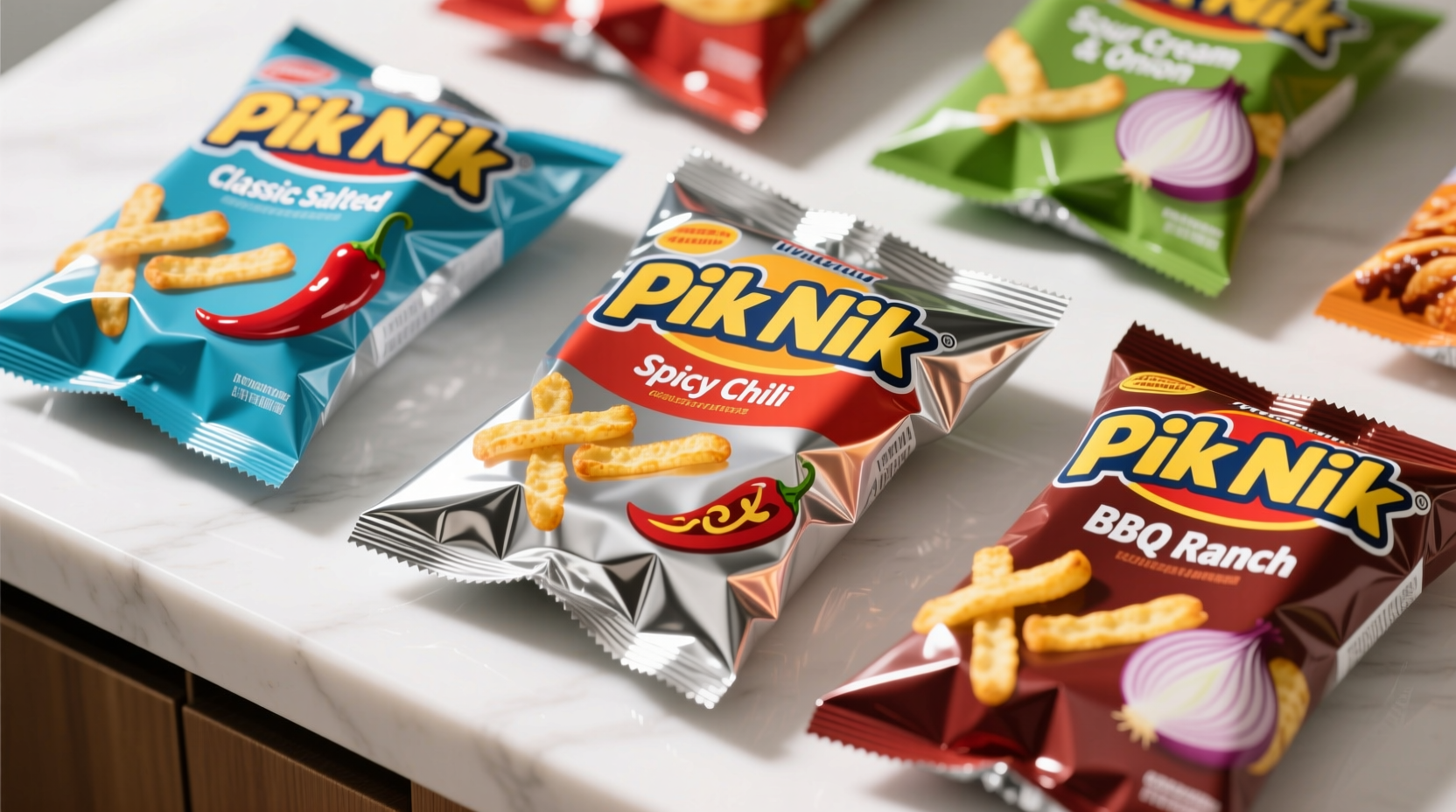 Assorted flavors of Pik Nik potato sticks in original packaging