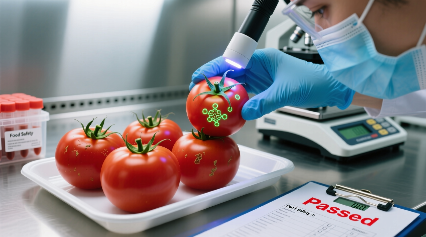 Fresh tomatoes being inspected for food safety