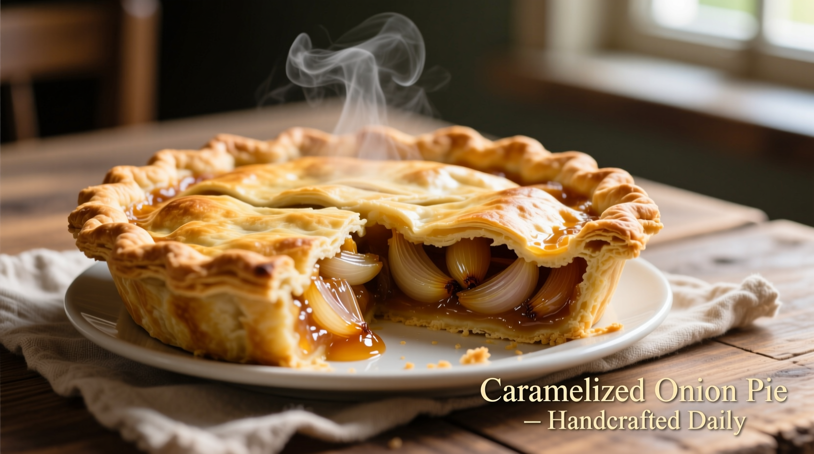 Golden onion pie with caramelized onions on flaky crust