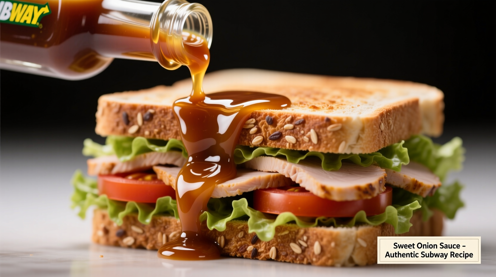 Close-up of sweet onion sauce drizzled on a Subway sandwich