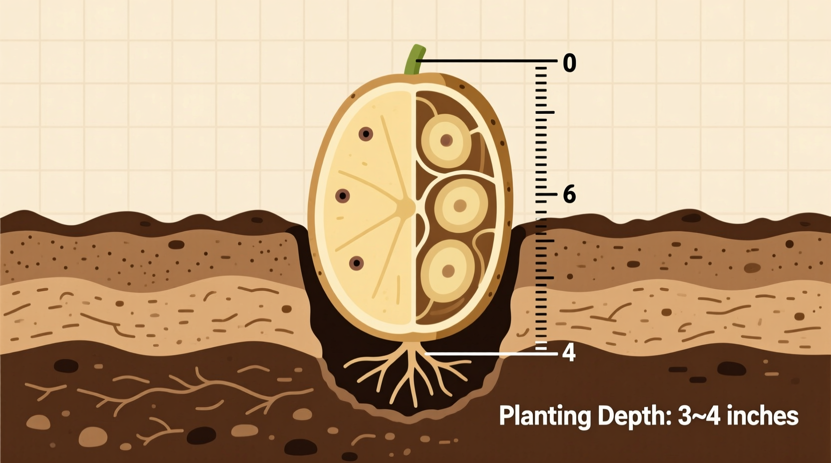Potato planting depth diagram showing 3-4 inch soil coverage