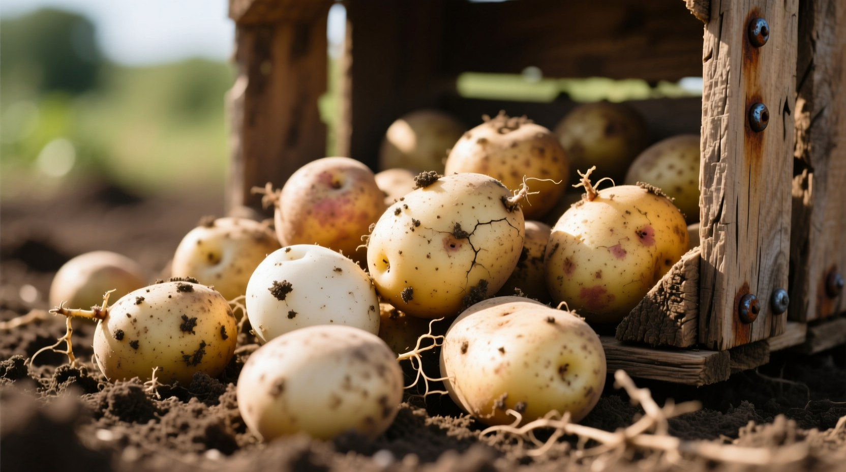 Freshly harvested potatoes in wooden crate