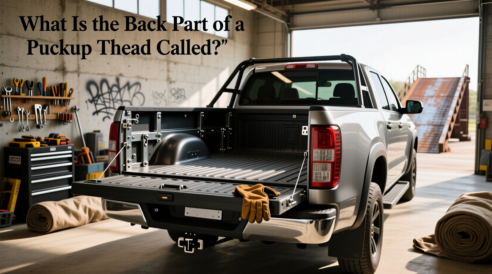Diagram highlighting rear body components of a pickup truck such as tailgate, bed sides, and wheelhouse