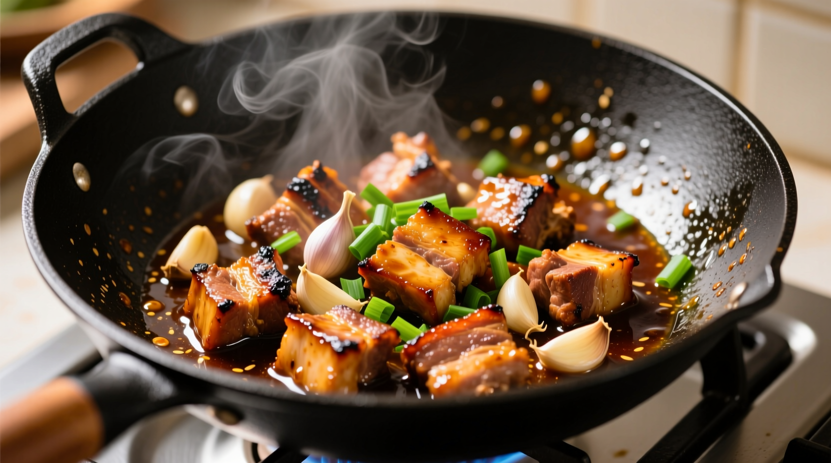 Homemade pork and garlic sauce in wok