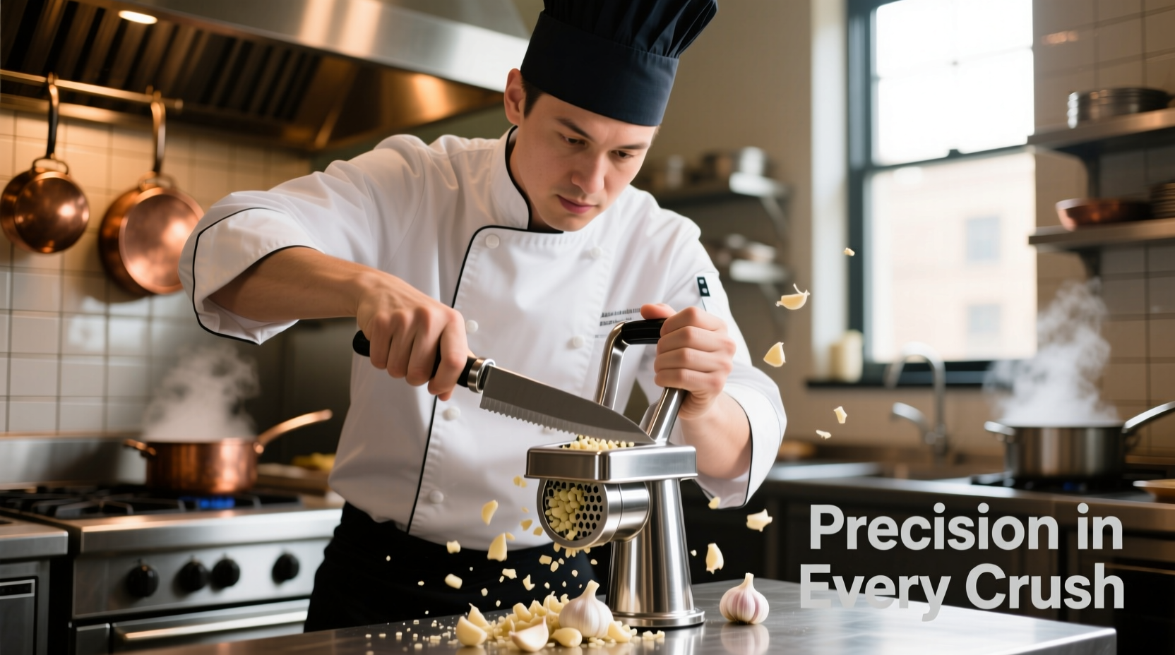 Professional chef using stainless steel garlic mincer