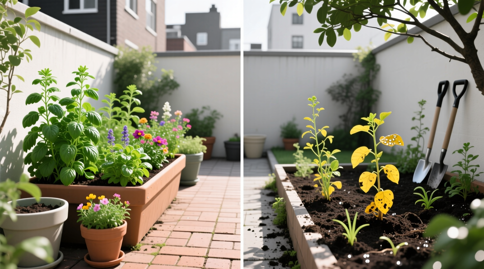 Side-by-side comparison of thriving container garden vs. struggling in-ground plants in same urban yard
