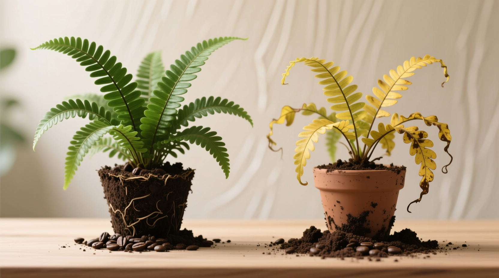 Side-by-side photos: Healthy fern with properly composted coffee grounds vs. yellowing leaves from overapplication