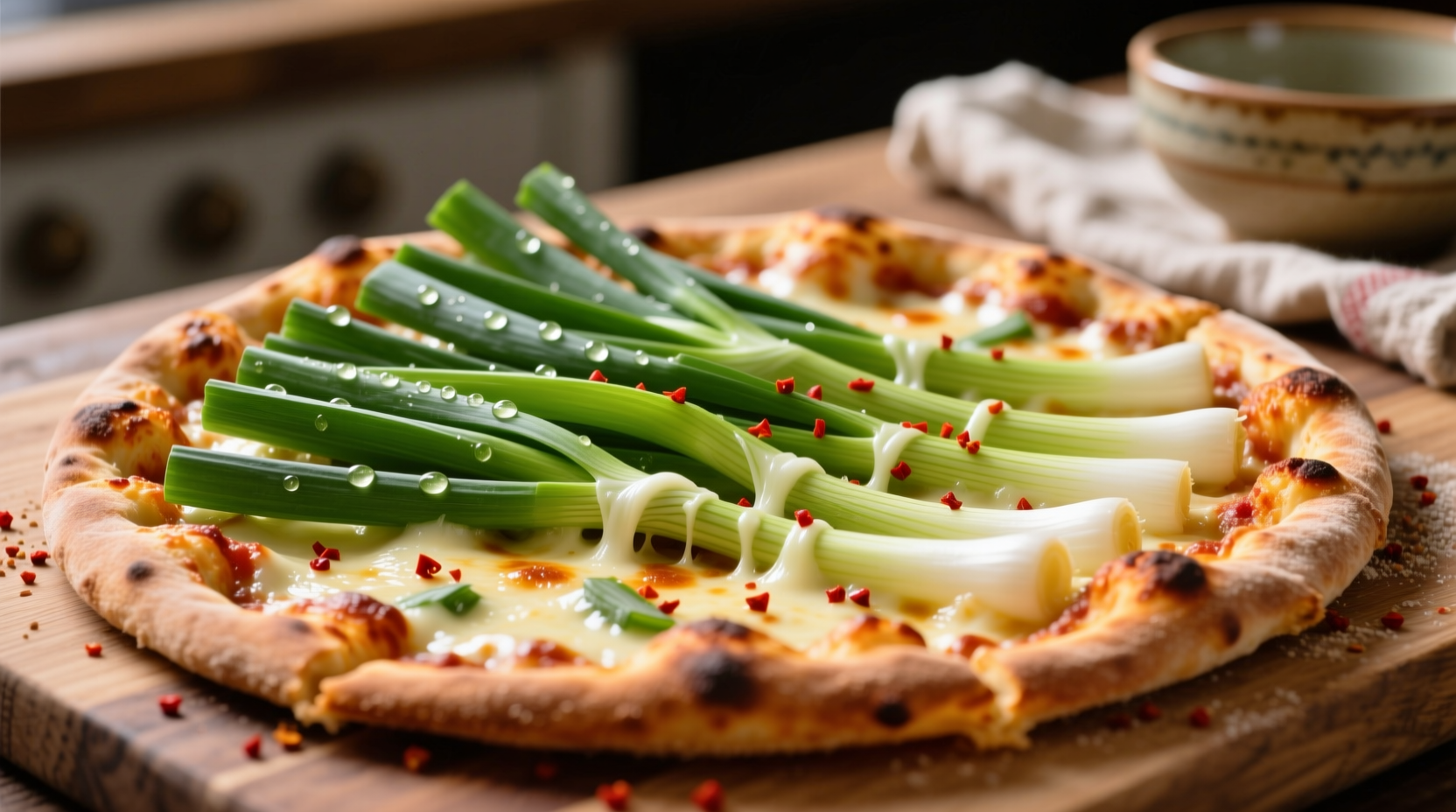 Fresh green onions arranged on pizza with melted cheese