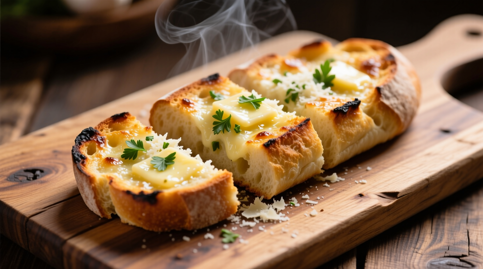 Homemade garlic bread on wooden cutting board