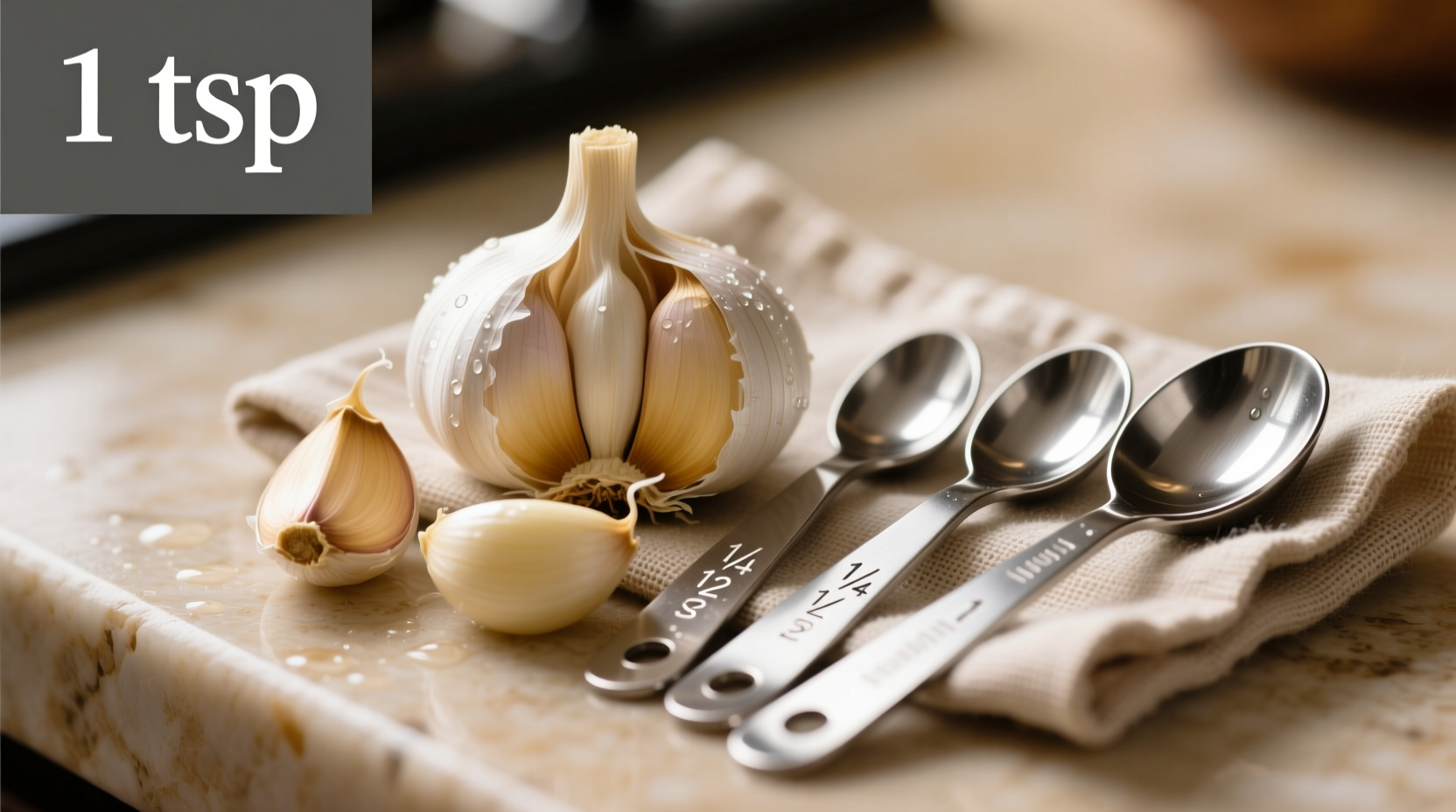Garlic cloves next to measuring spoons
