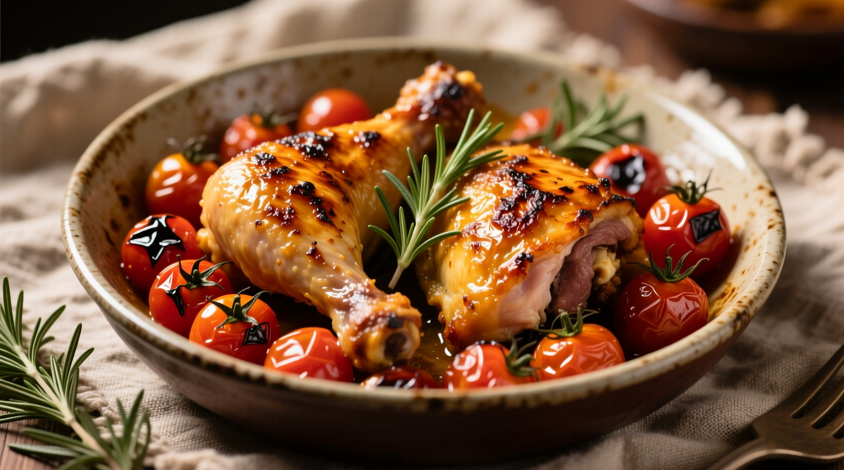 Golden chicken thighs with roasted cherry tomatoes