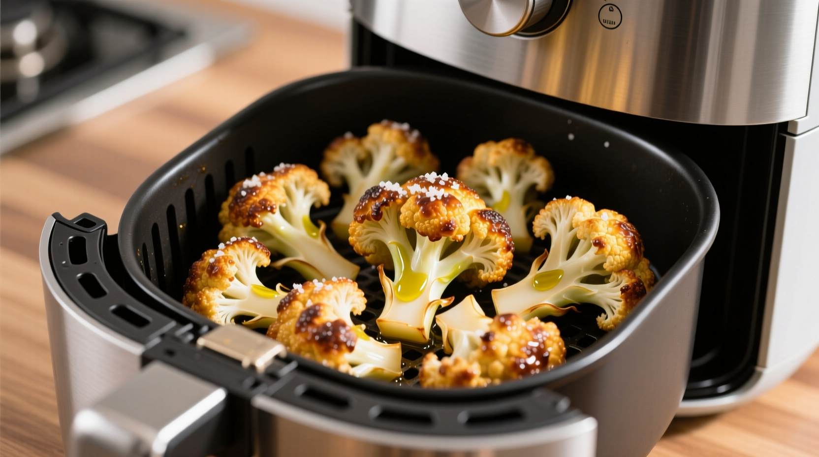 Golden brown cauliflower florets in air fryer basket