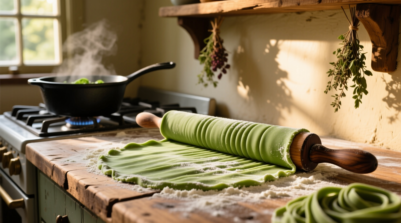 Fresh spinach pasta dough being rolled out on wooden surface