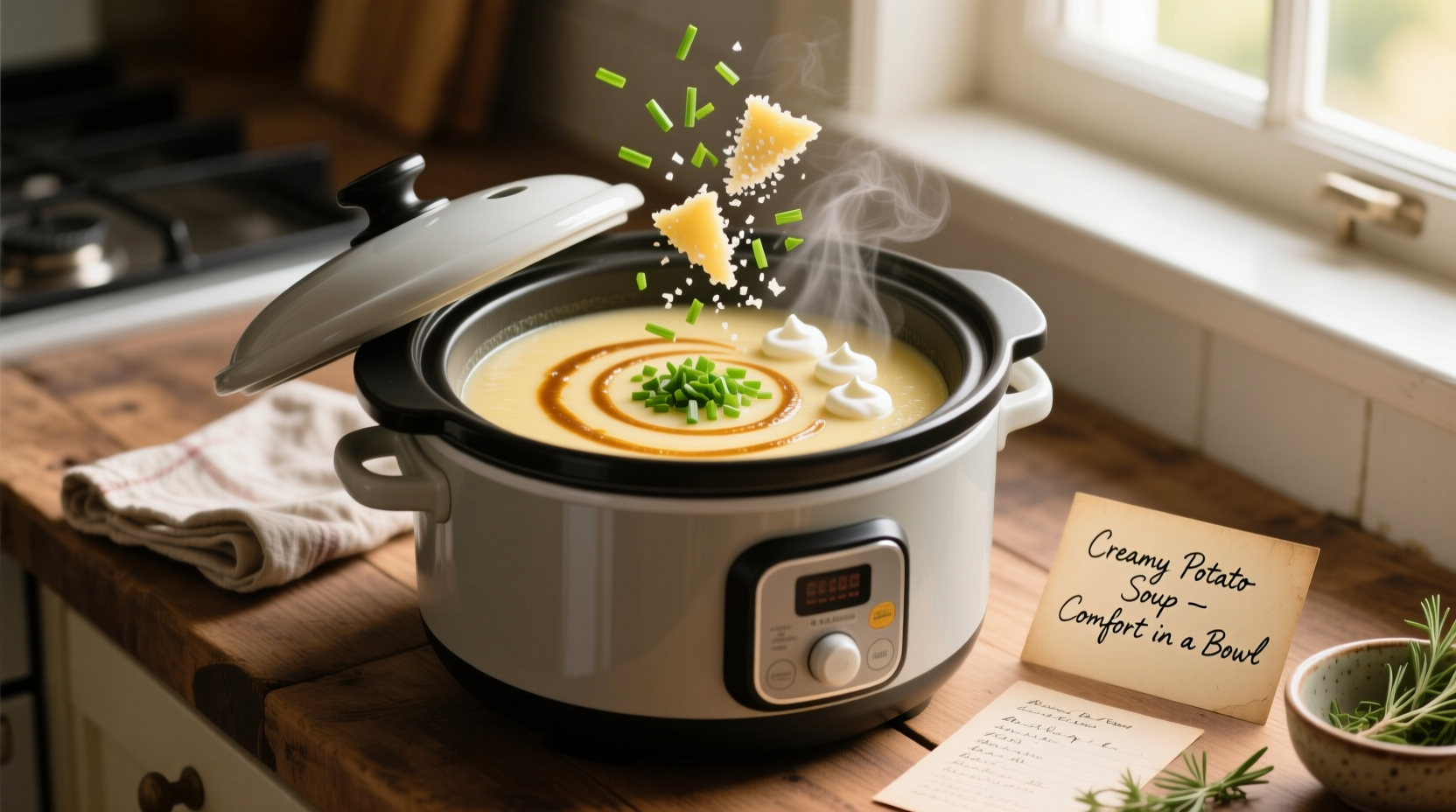 Slow cooker with creamy potato soup and fresh garnishes