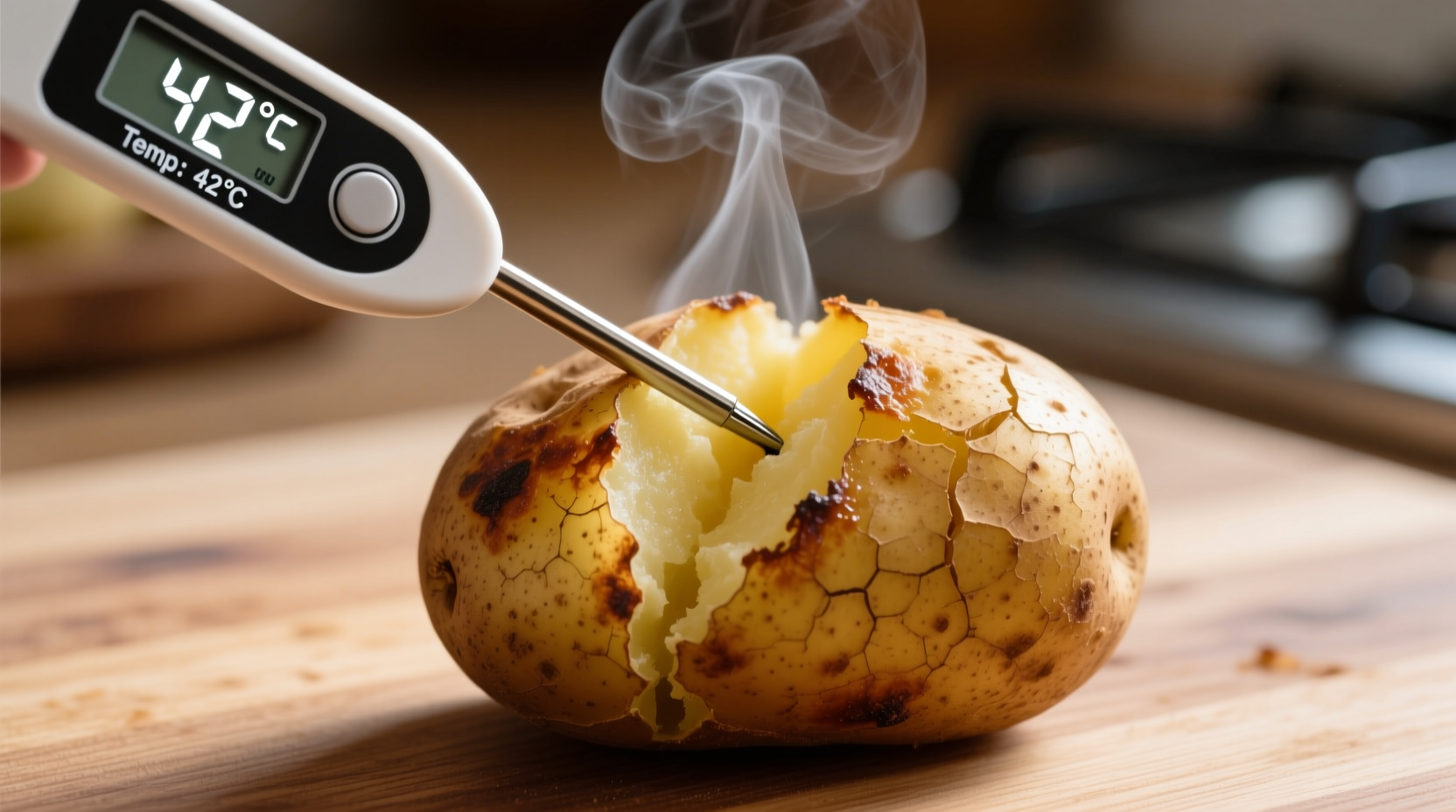 Thermometer measuring temperature of freshly baked potato