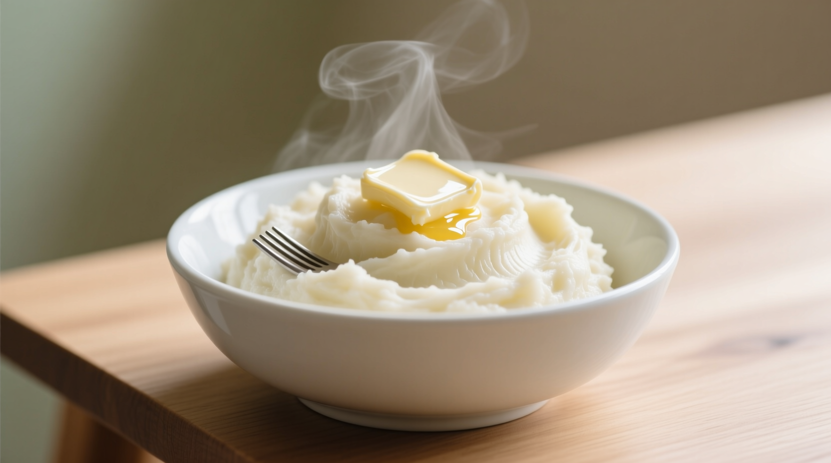 Creamy mashed white potatoes in white bowl