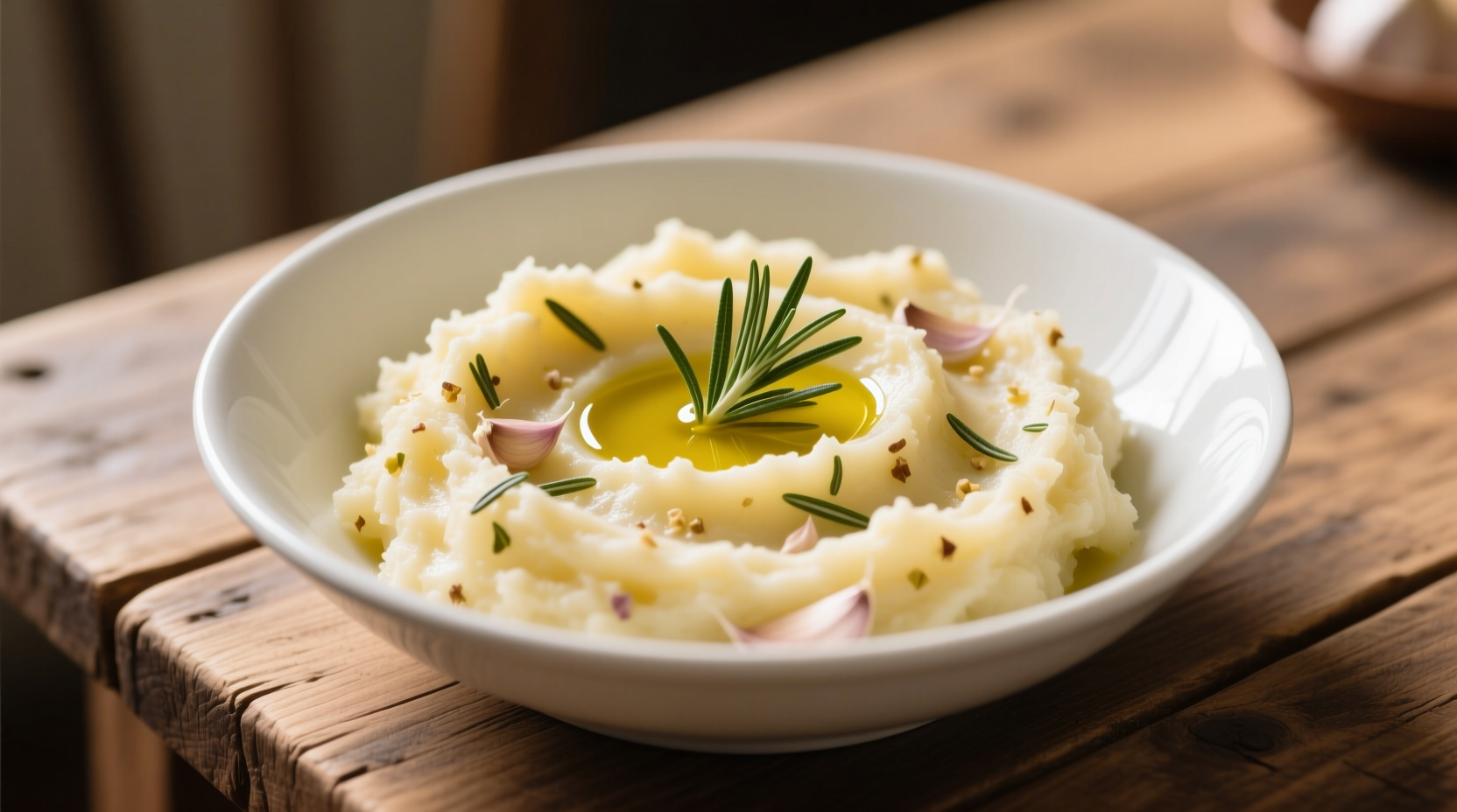 Creamy garlic rosemary mashed potatoes in white bowl