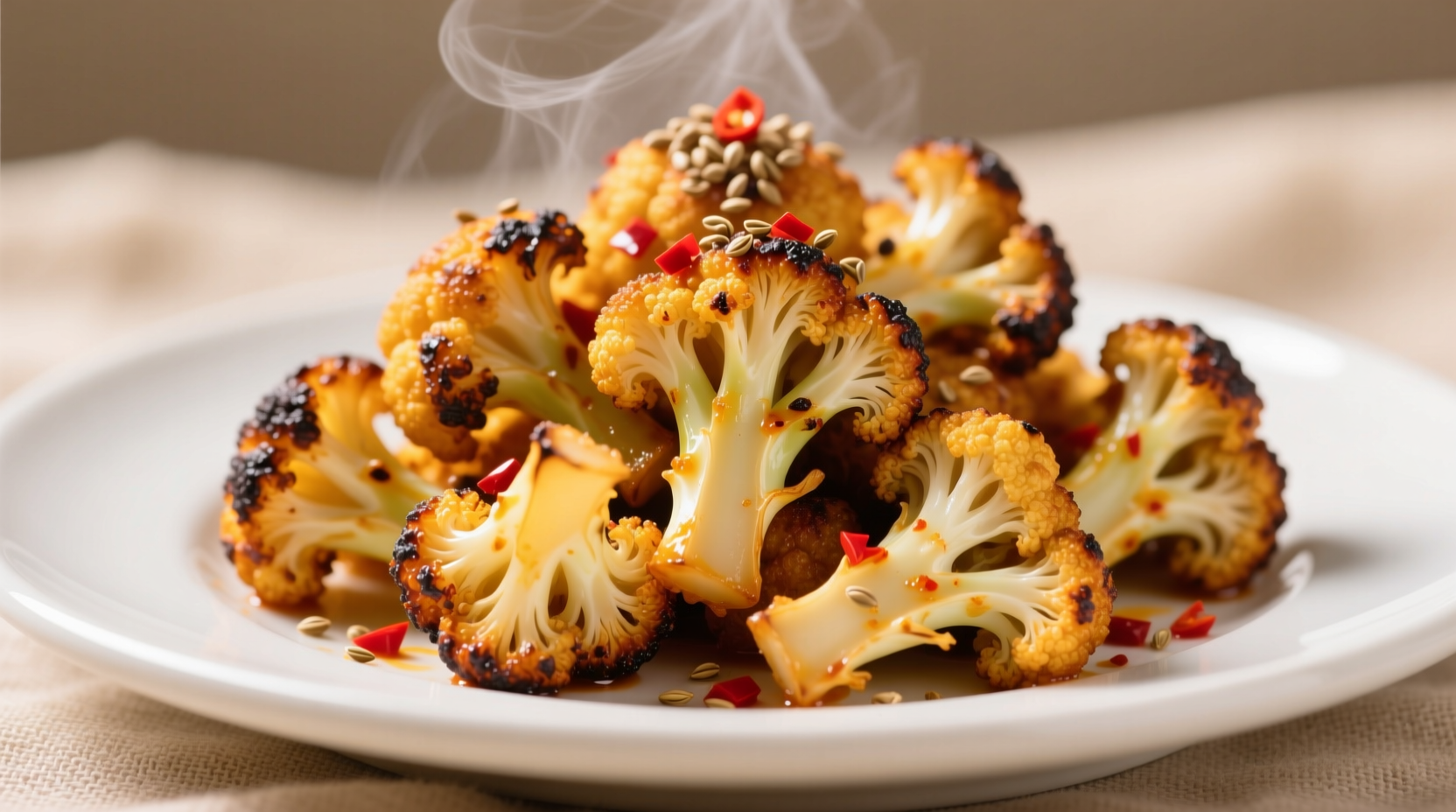 Crispy golden spicy cauliflower florets on white plate