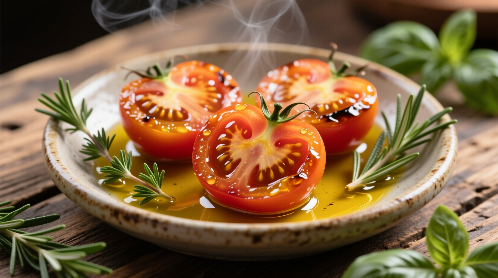 Golden tomato confit halves in olive oil with herbs
