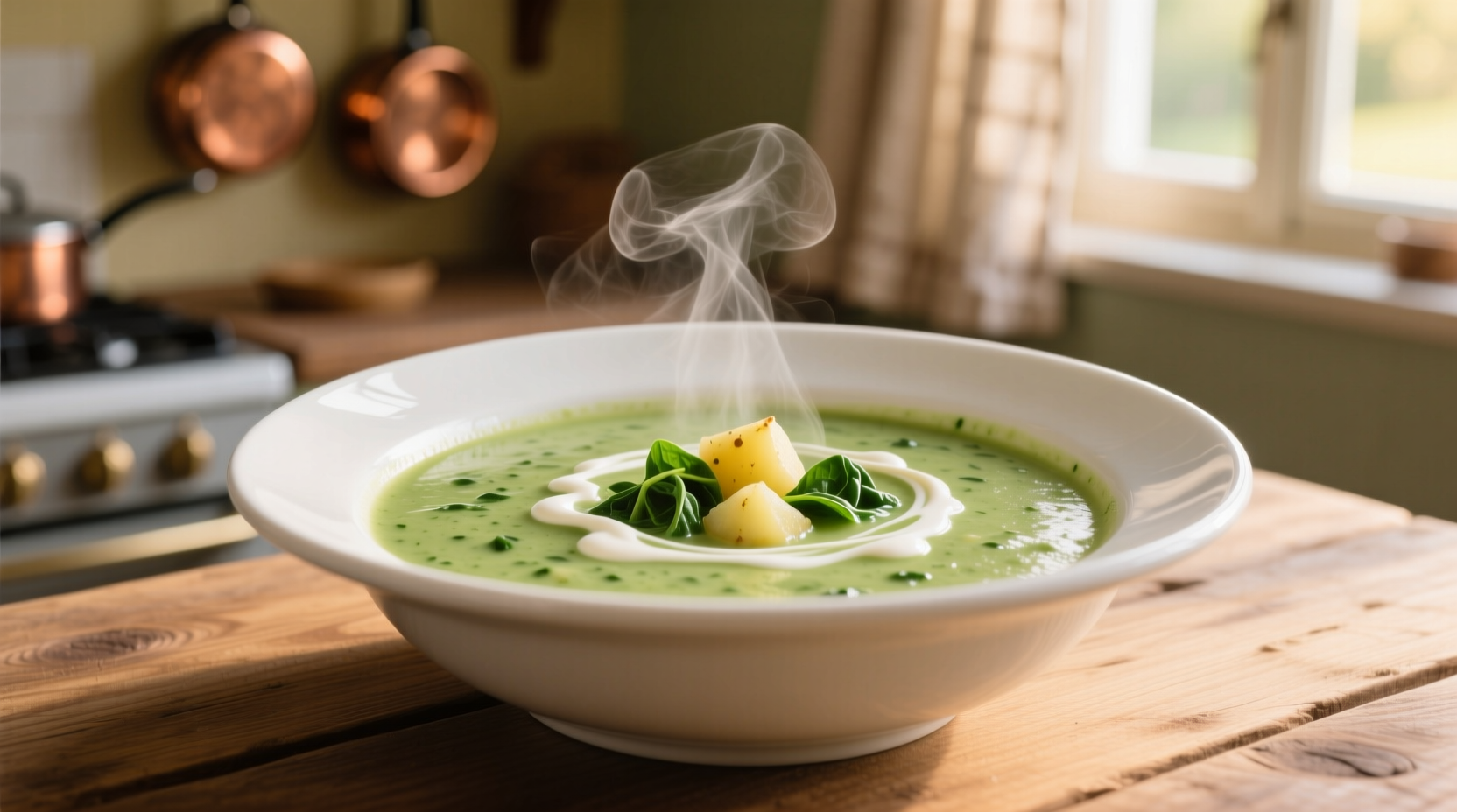 Creamy potato spinach soup in white bowl