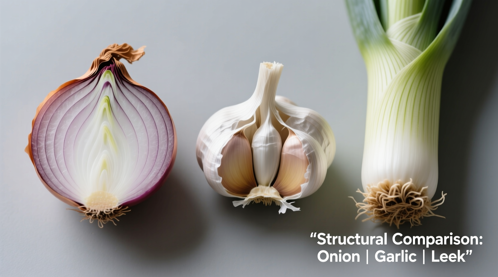 Close-up comparison of onion, garlic, and leek bulbs showing structural differences