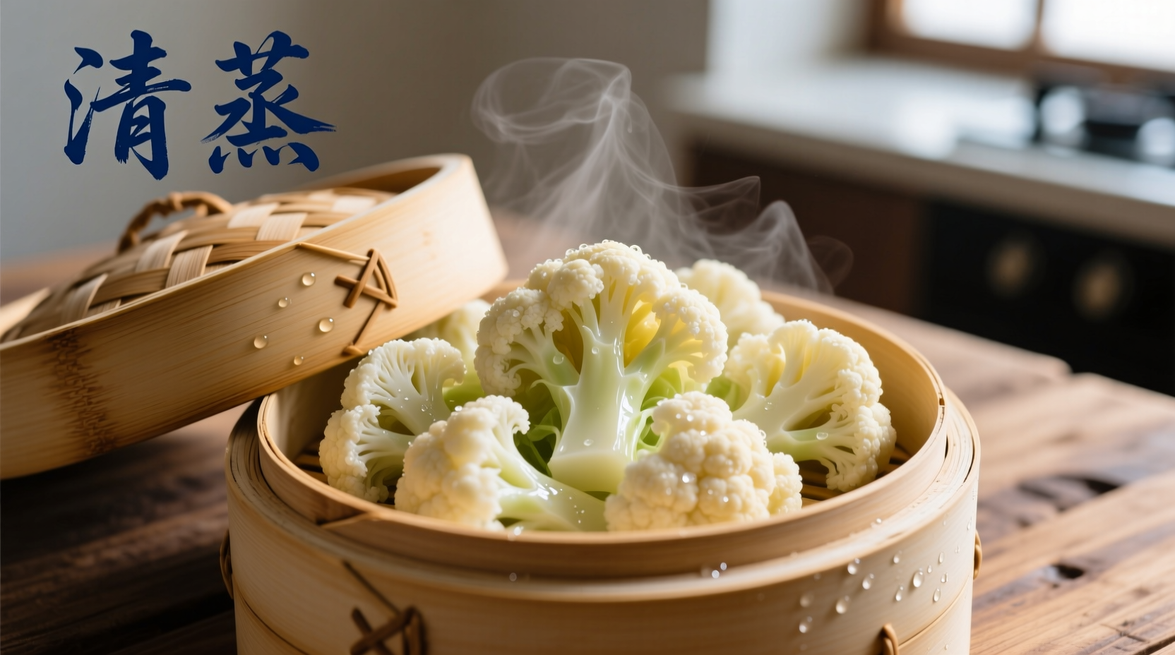 Perfectly steamed cauliflower florets in a bamboo steamer