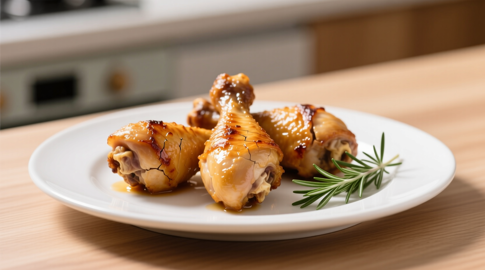 Perfectly cooked golden brown chicken drumsticks on a white plate