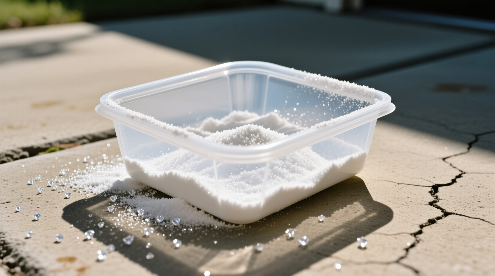 A translucent white plastic food storage container placed upside-down on a sunlit concrete patio, with visible baking soda granules dusted across its interior rim and base, casting sharp shadows under midday light