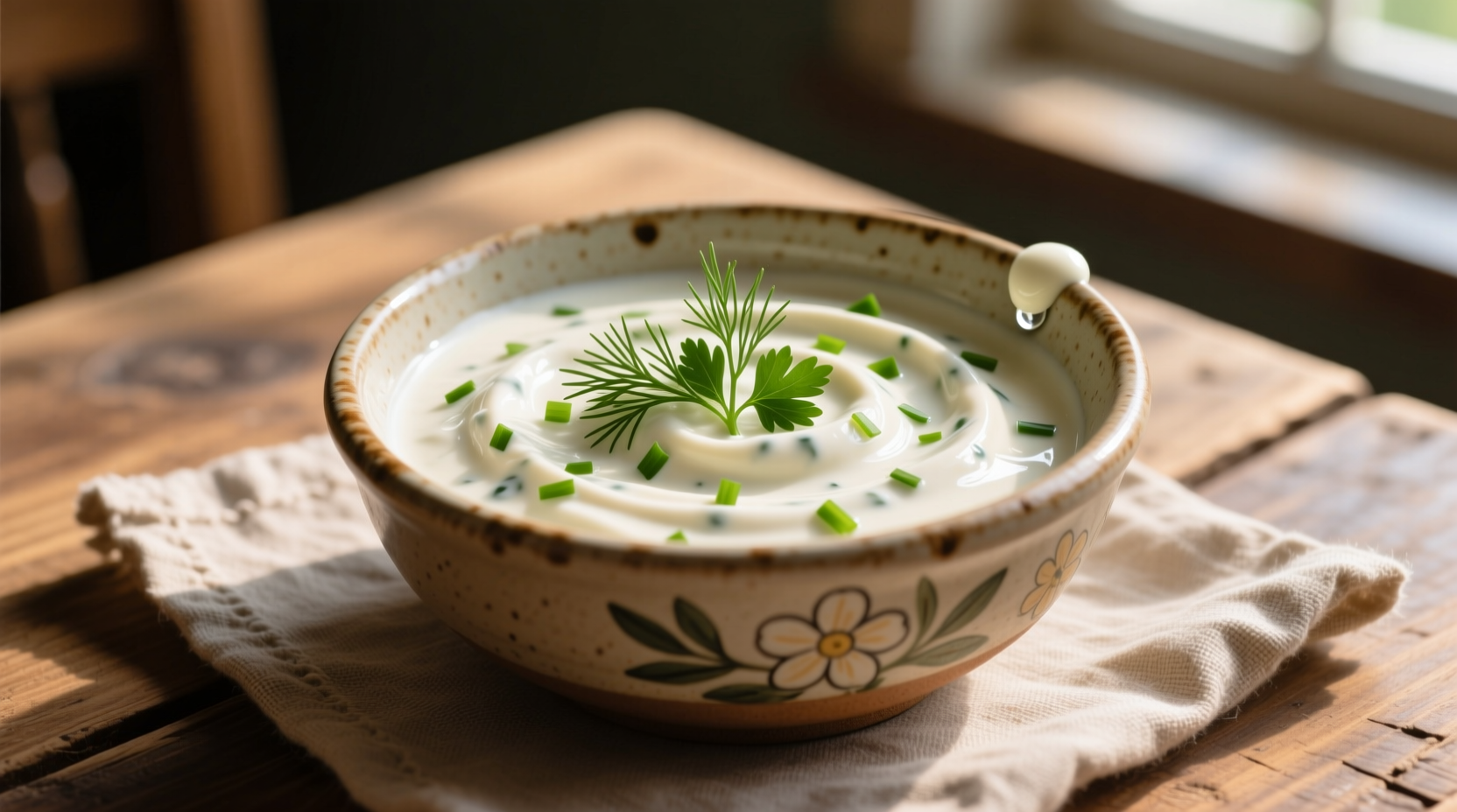 Creamy yogurt garlic sauce in ceramic bowl with fresh herbs