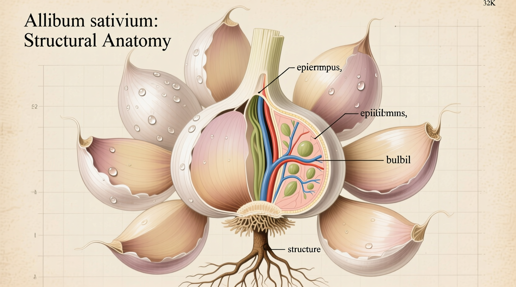 Fresh garlic cloves with scientific diagram overlay