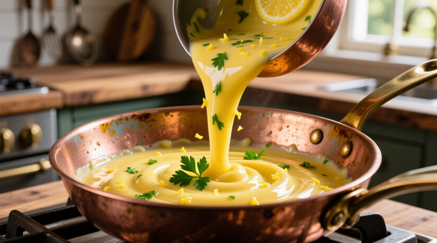Fresh lemon butter parsley sauce in copper pan