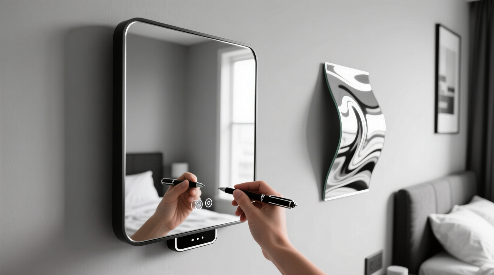 Side-by-side comparison showing distorted vs. clear mirror reflections with pen test