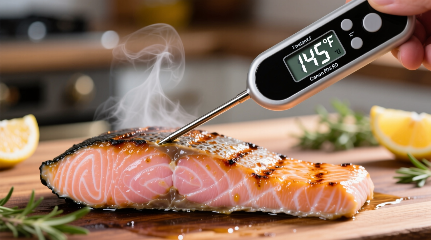 Instant-read thermometer measuring salmon temperature