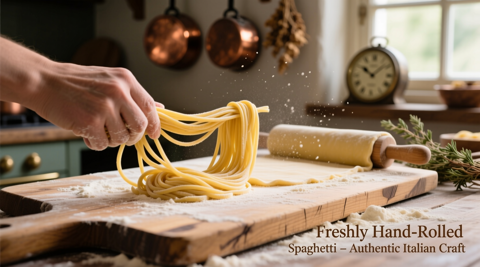Hand-rolling fresh spaghetti dough on wooden board