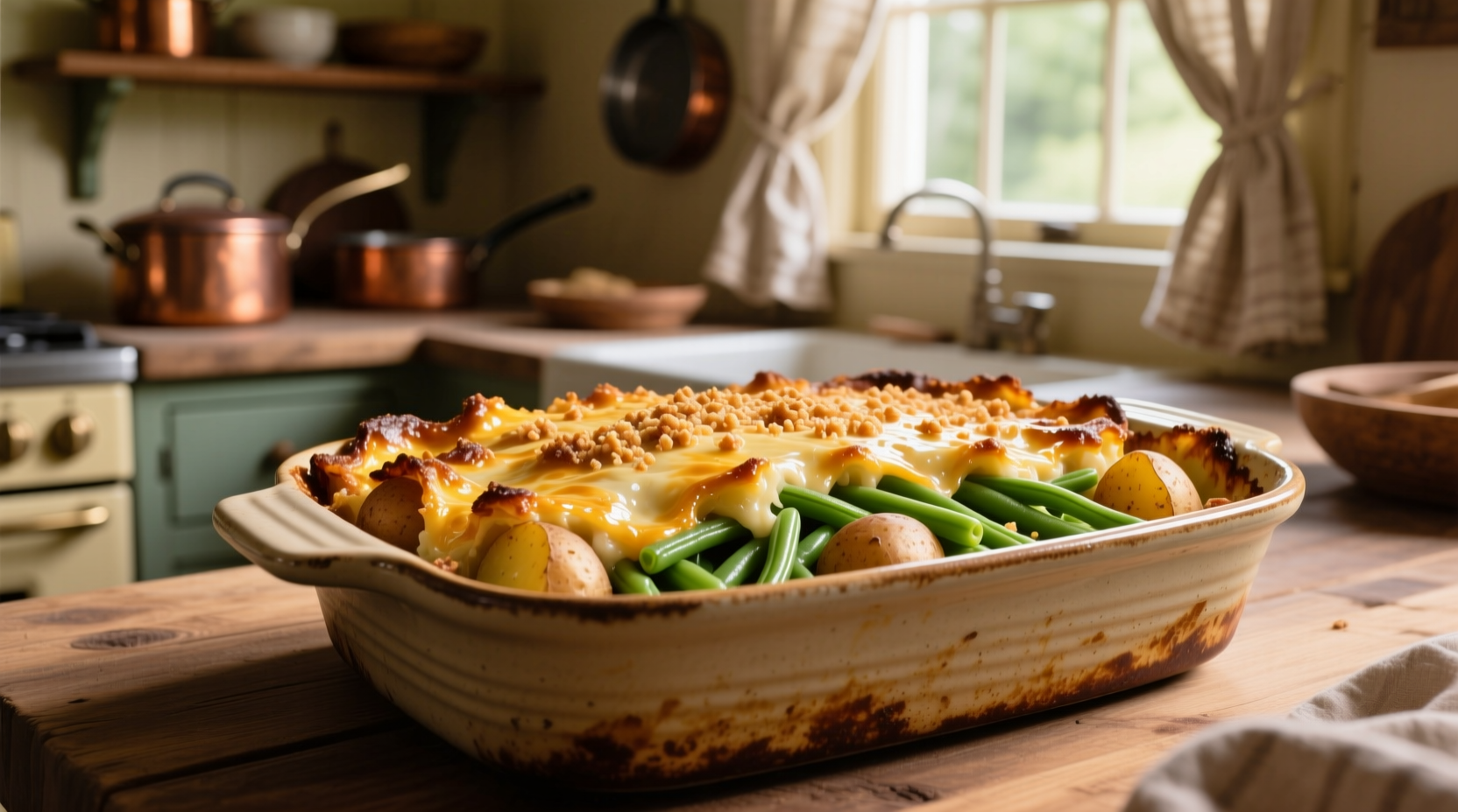 Golden brown potato green bean casserole in baking dish