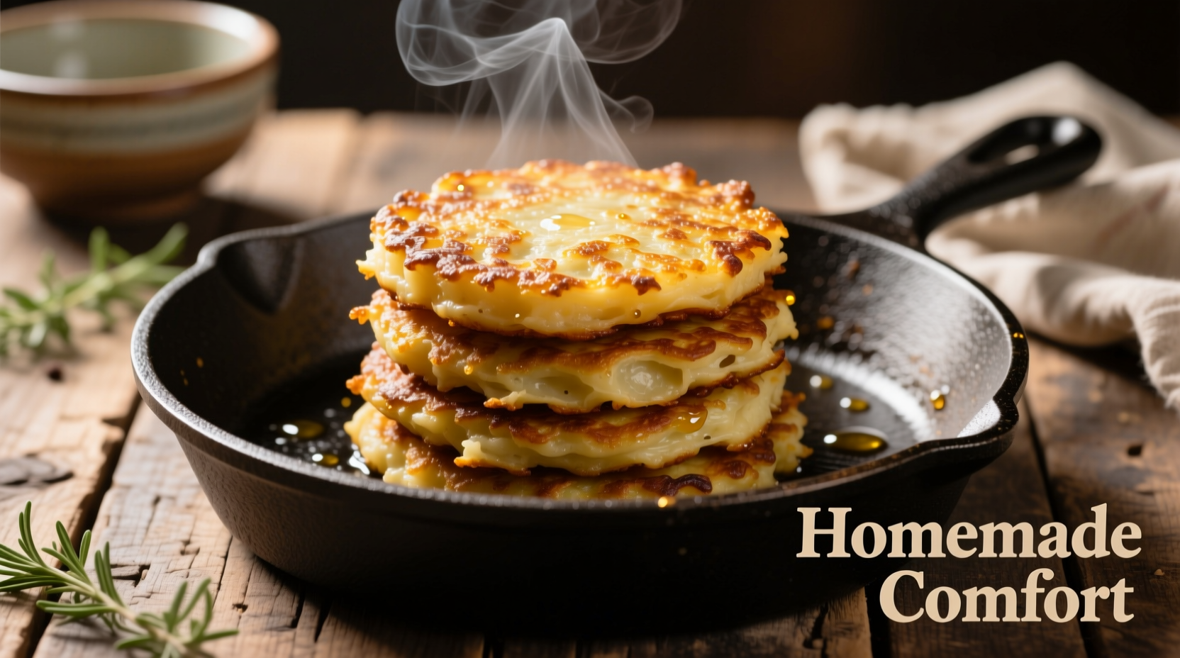 Golden brown potato cakes in skillet