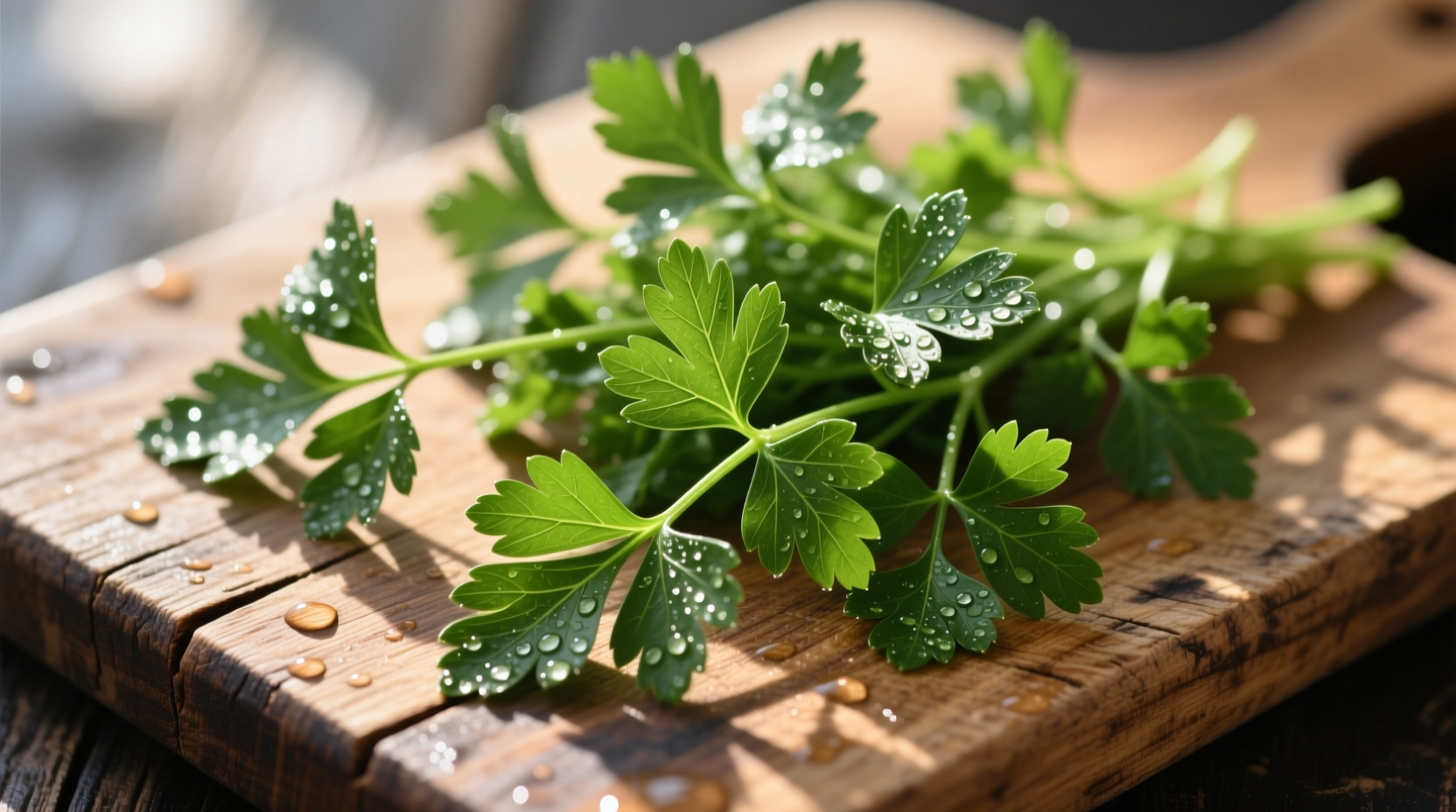 Fresh raw parsley sprigs on wooden cutting board