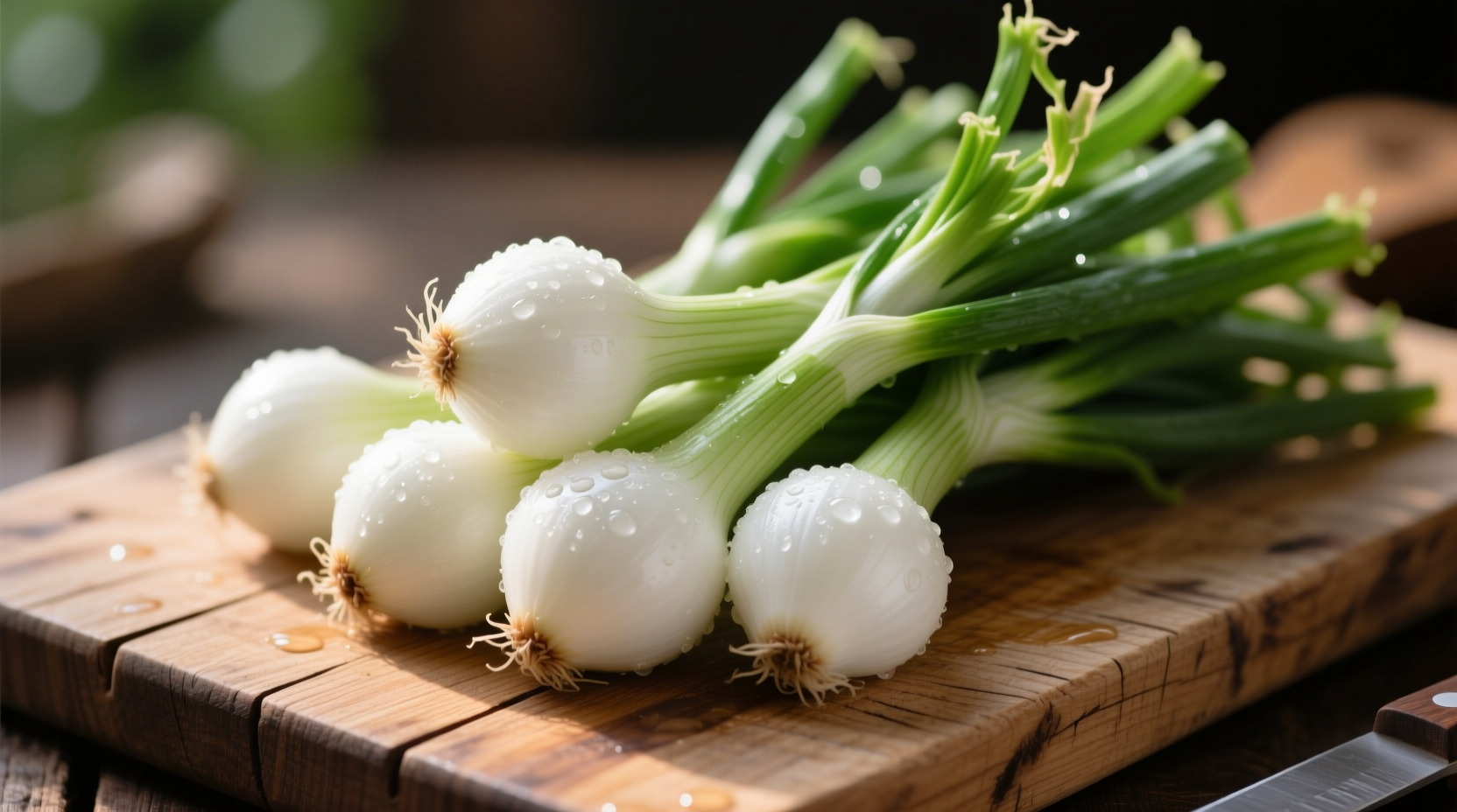 Fresh white onions with green tops on wooden cutting board