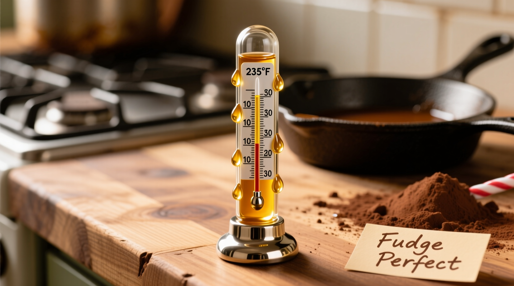 Candy thermometer showing perfect fudge temperature