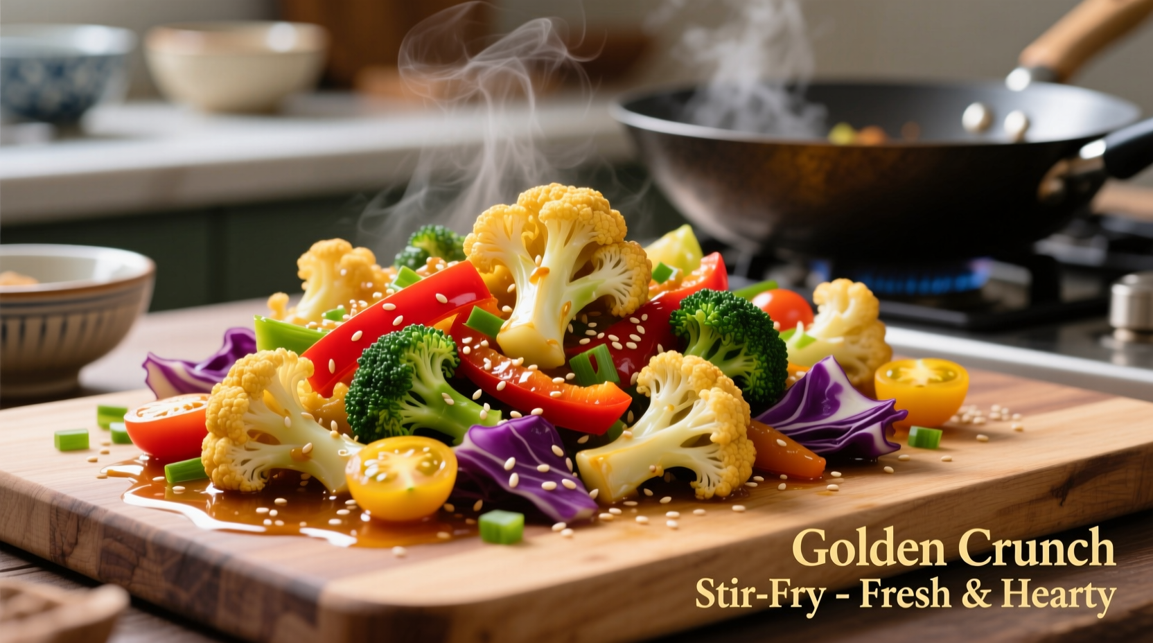 Crisp golden cauliflower stir fry with colorful vegetables