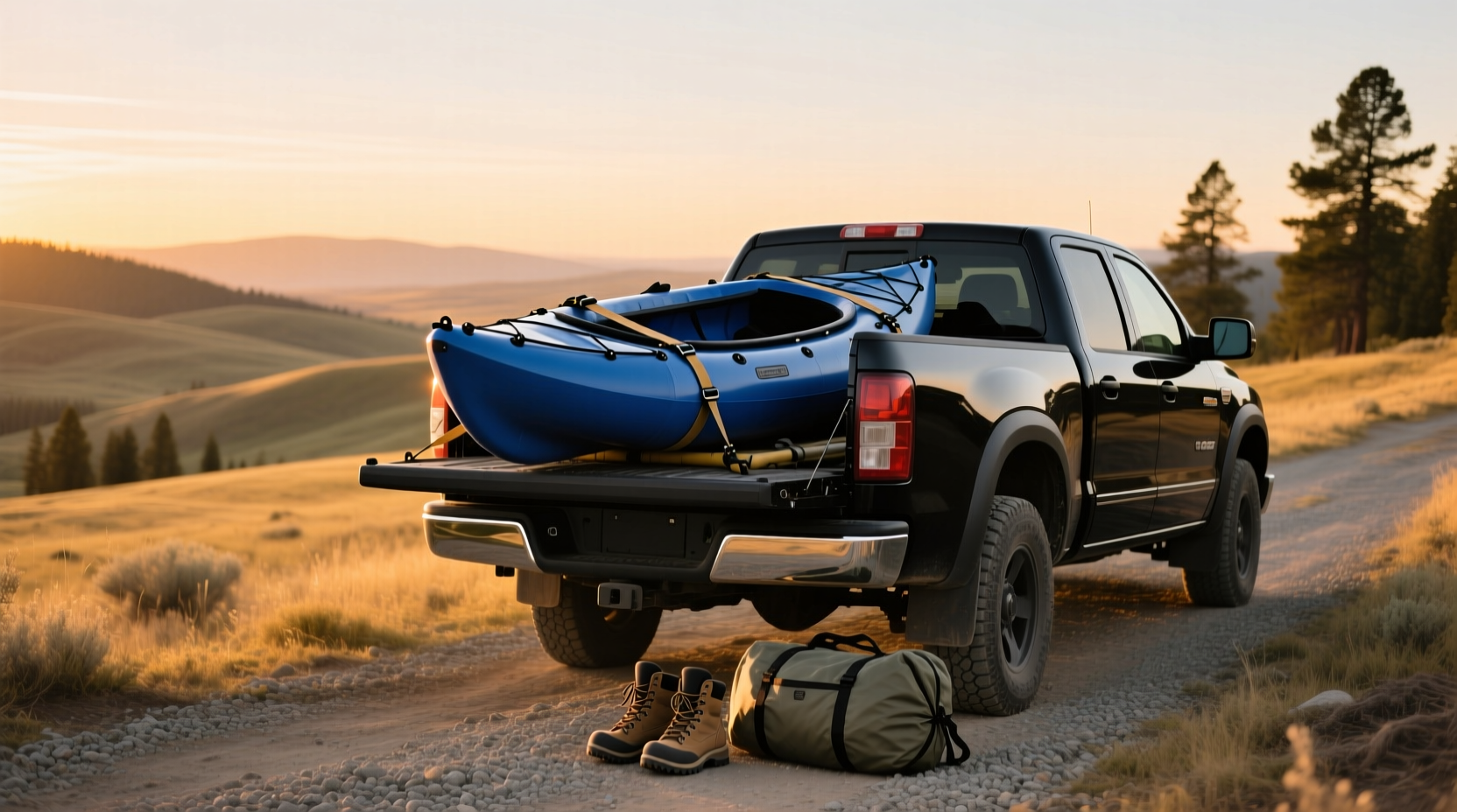 Kayak loaded on a pickup truck bed with straps visible