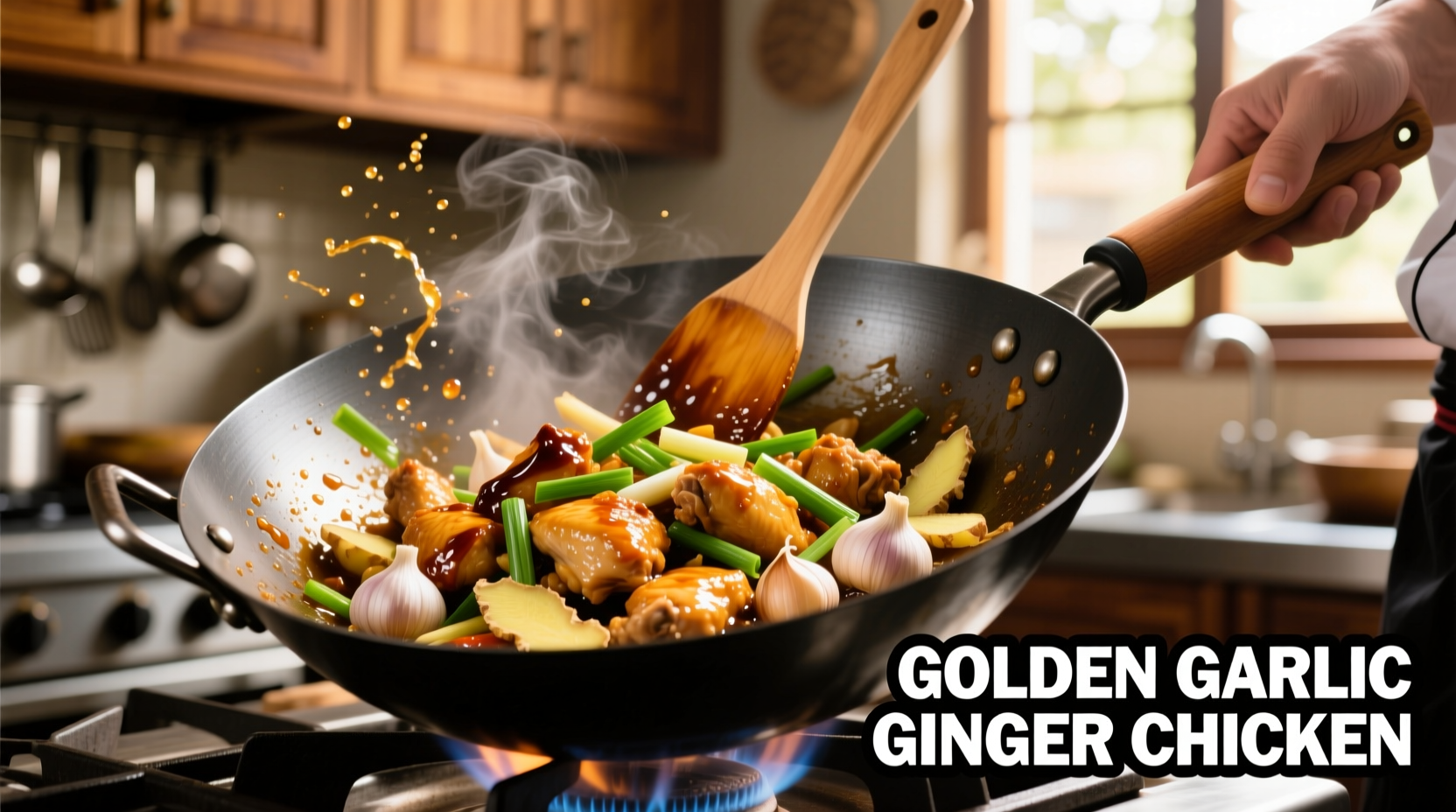 Golden garlic ginger chicken stir fry in wok